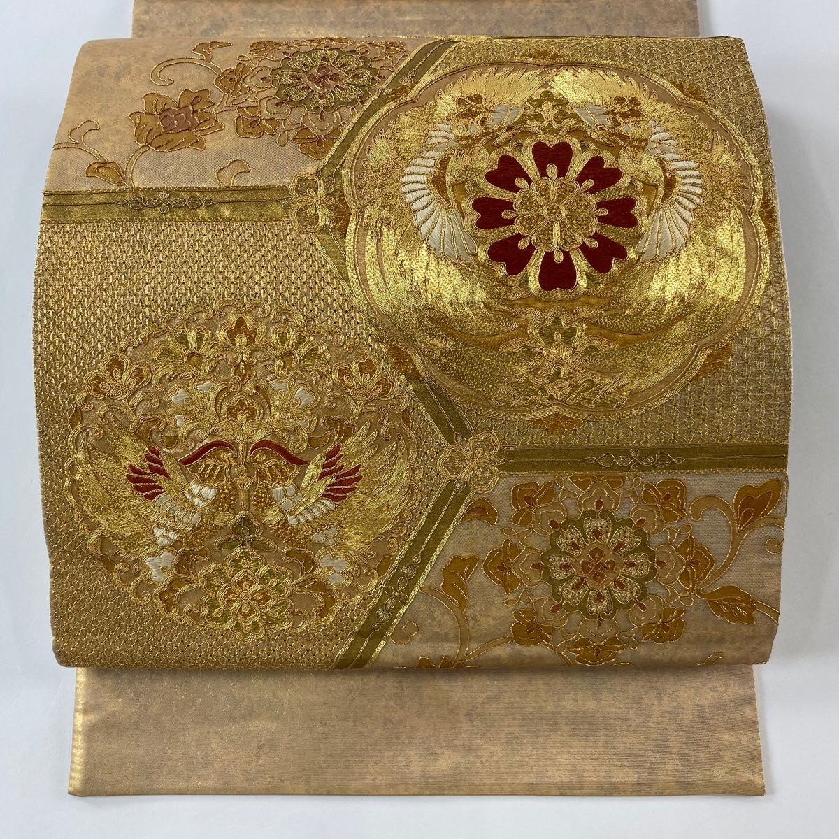 付け帯 秀品 作り帯 華文 向かい鳥 刺繍 金糸 金色 正絹