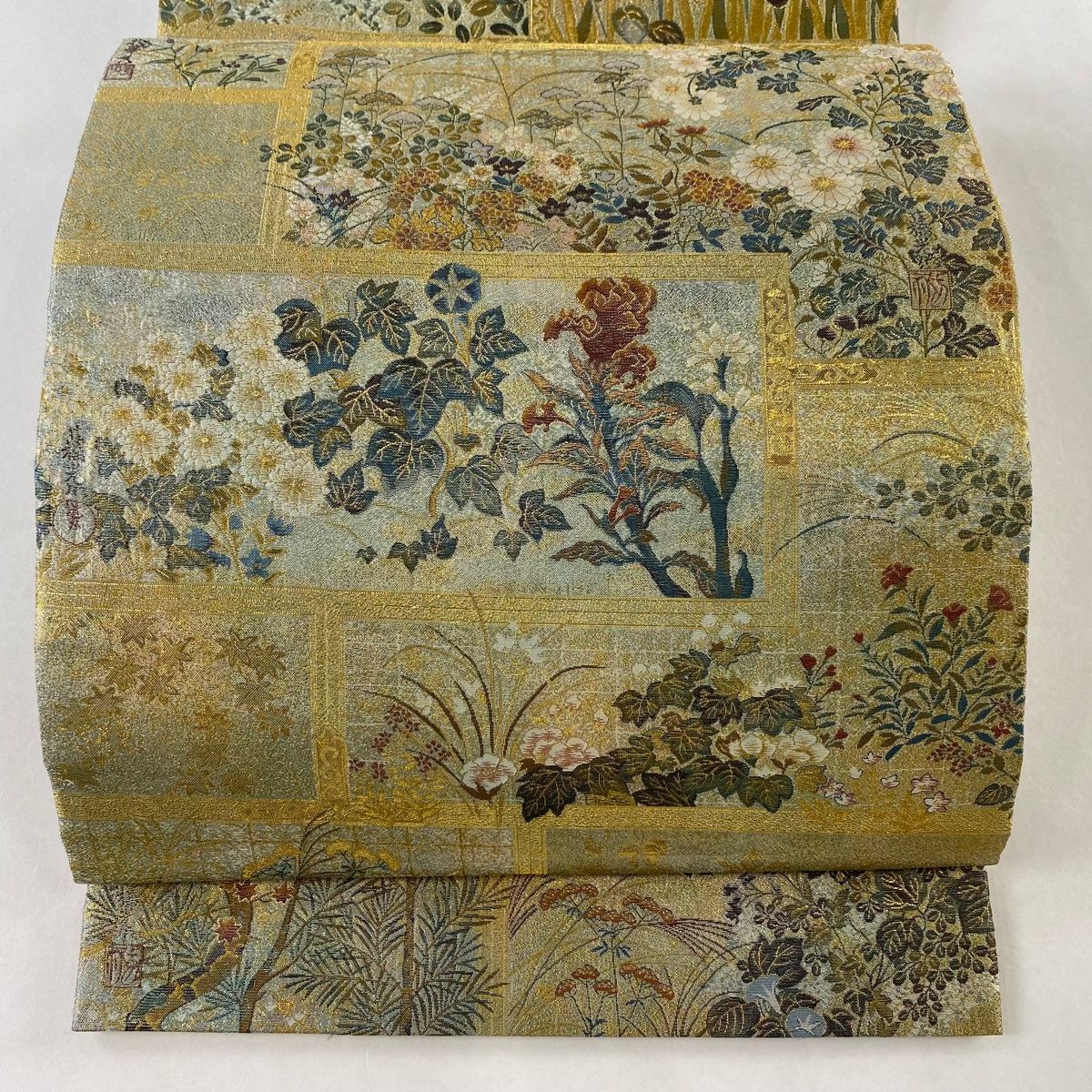 丸帯 美品 逸品 壱阡八百口織 桃山扇面屏風文 プラチナ本金箔 丸帯 美品 逸品 壱阡八百口織 桃山扇面屏風文 プラチナ本金箔