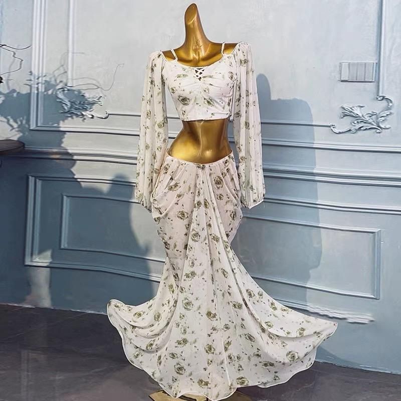 ベリーダンス オリエンタル衣装 トップス スカート オーダーメイド ステージ衣装 スパン フラワープリントワンピース