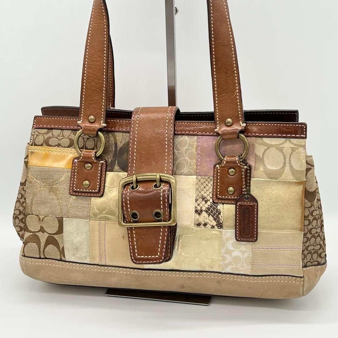 良品】COACH パッチワーク シグネチャー ハンドバッグ トート