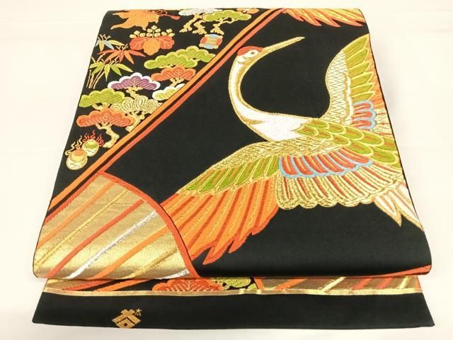 平和屋2◎アンティーク 大正ロマン 丸帯 双鶴菱花文 金糸 逸品 