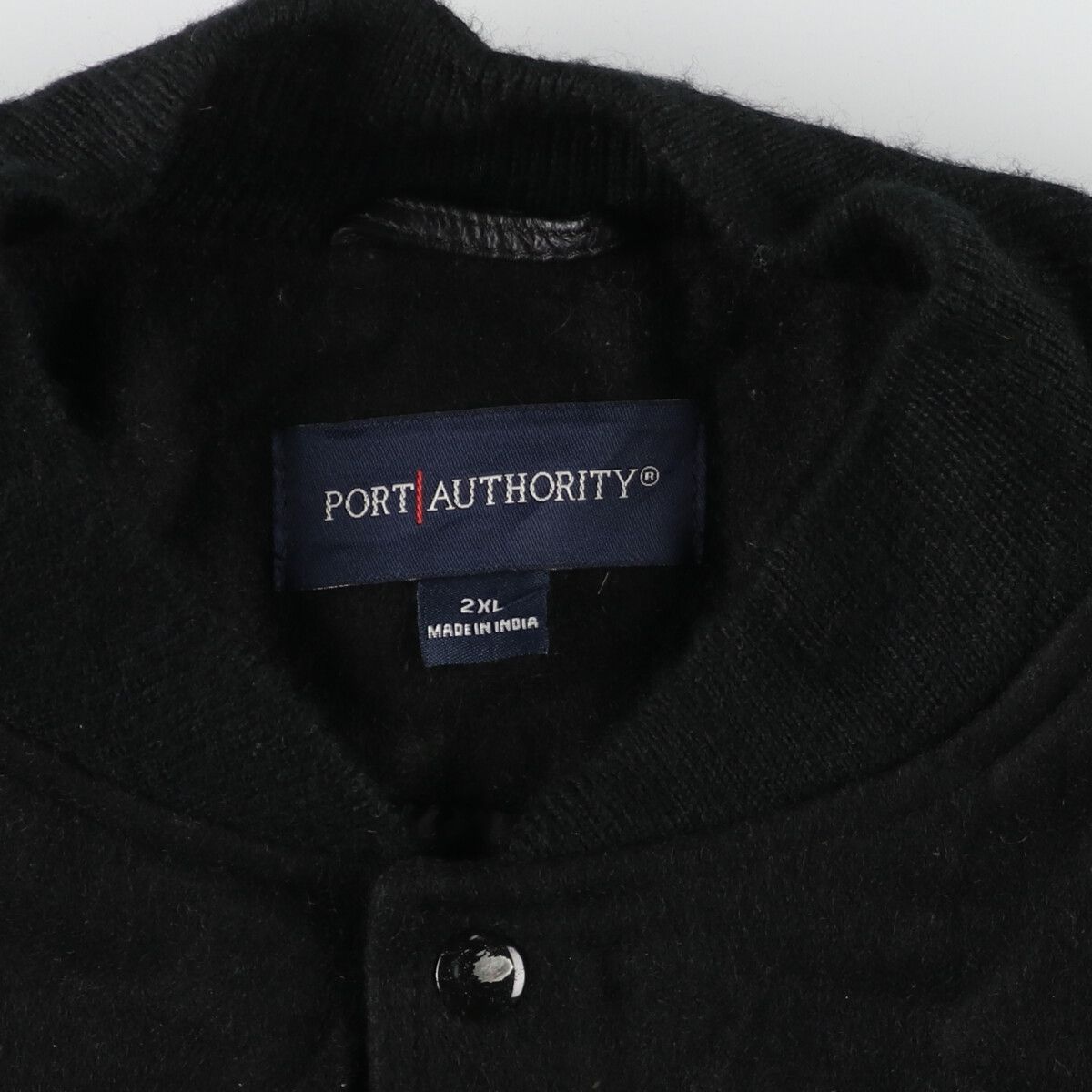 古着 オールブラックカラー PORT AUTHORITY 袖革ウールスタジャン 
