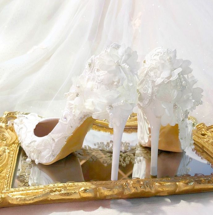ブライダルシューズ フラワー ビジュー レース 結婚式 0708