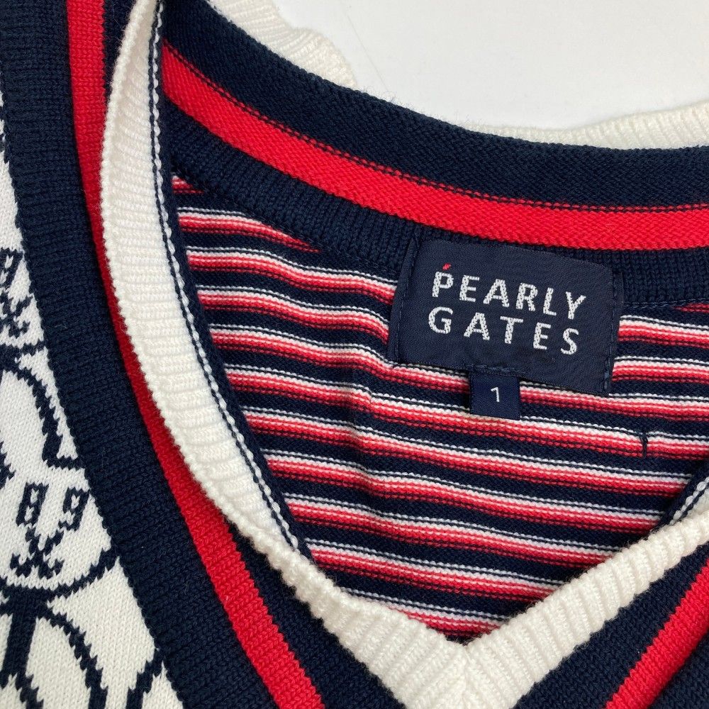 【パーリーゲイツ】Vネック ゴルフ ニット ベスト ウサギ総柄 ボーダー 白×紺 サイズ：1 PEARLY GATES パーリーゲイツ Vネック ニットベスト