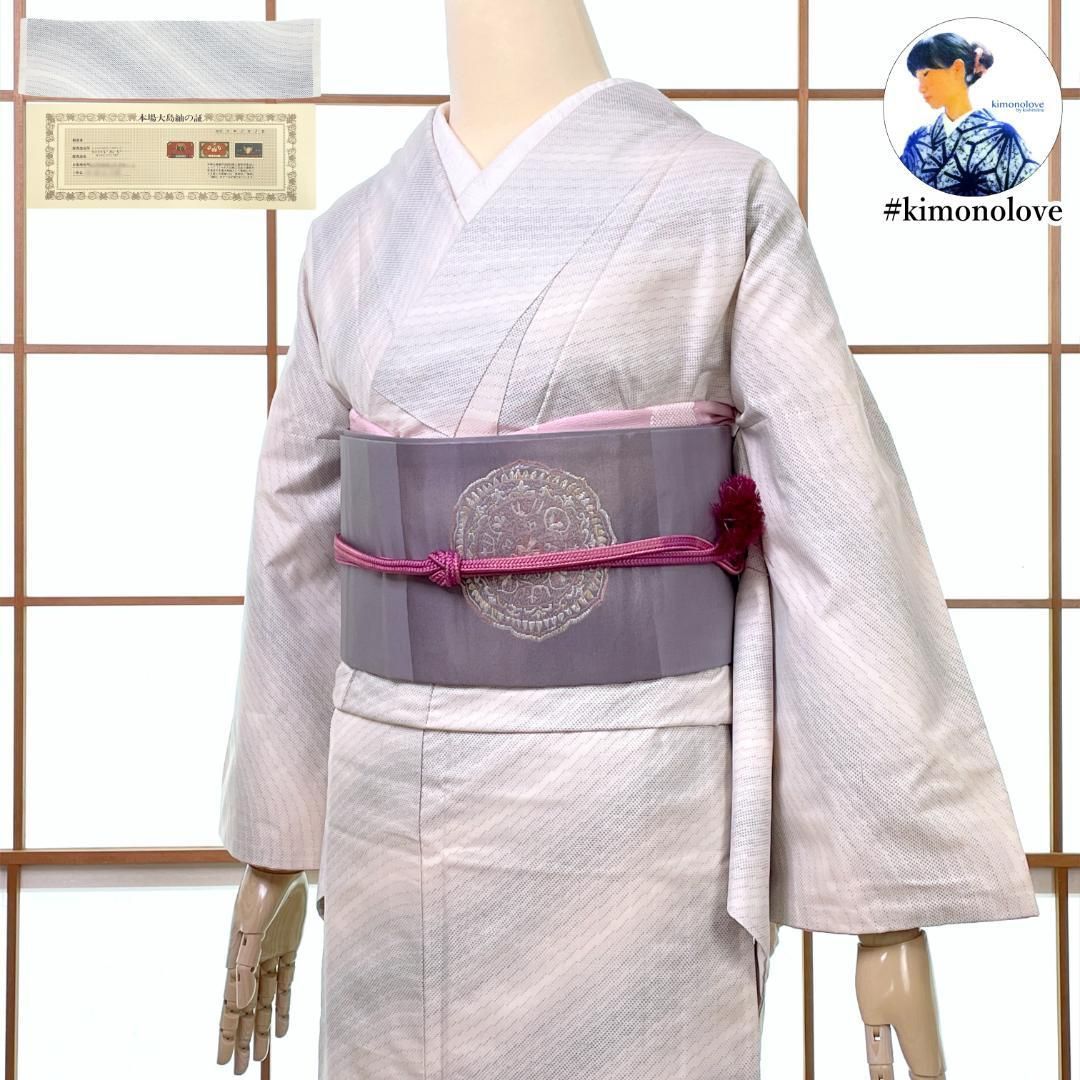 本場大島紬 着物 白大島 袷 正絹 よろけ縞 カタス式 白 kimonolove リユース品 オゾン消臭サービス A-2158