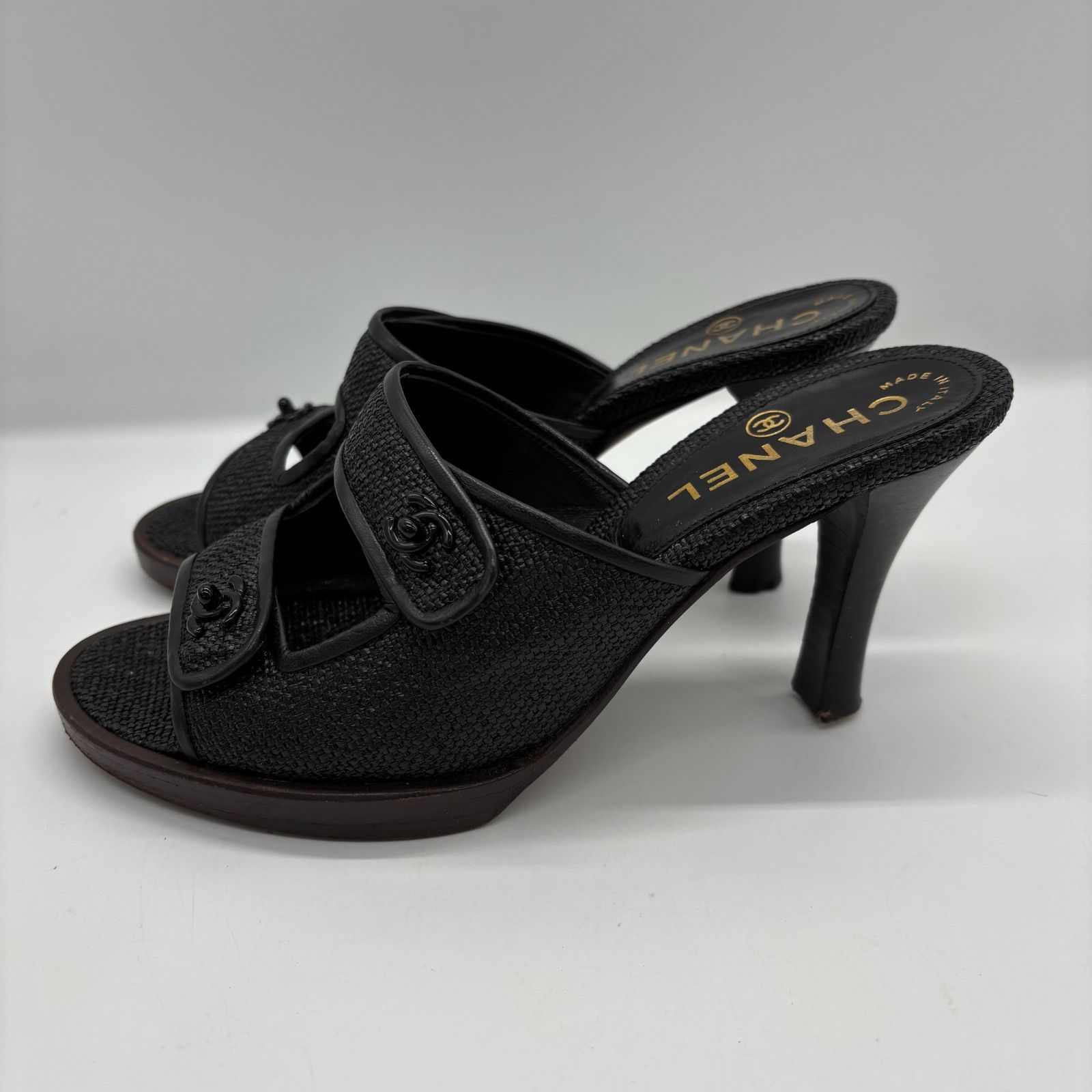 美品】CHANEL シャネル サンダル ミュール 靴 ヒール 黒