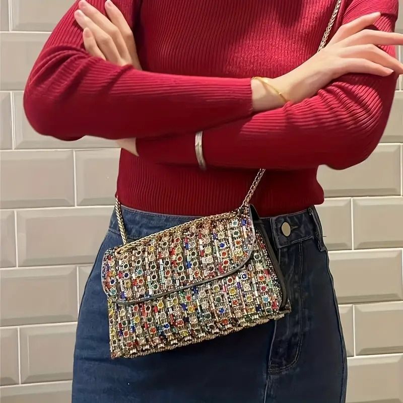 ジュエルショルダーバッグ カラフルラインストーン 装飾財布 宴会 パーティー 軽量バッグ お洒落 ディナー プレゼント 結婚式 SNS映え イン