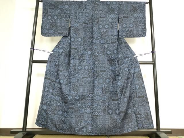 平和屋着物▽上質な紬 　単衣　幾何学花文 　正絹　逸品　未使用　DAAV5039az 平和屋着物▽上質な紬 単衣 幾何学花文 正絹 逸品 未使用 DAAV5039az
