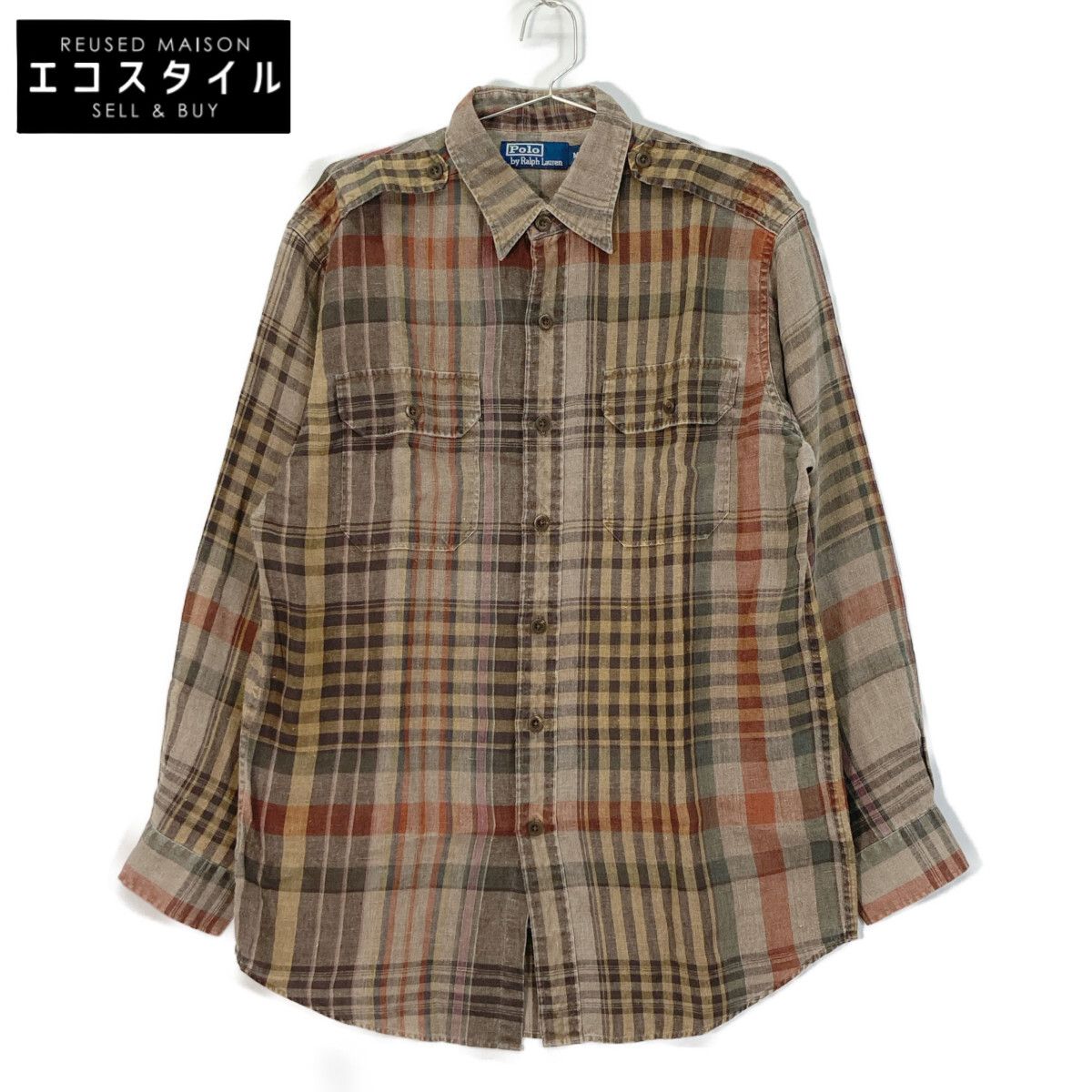 POLO RALPH LAUREN ポロ ラルフローレン ﾌﾞﾗｳﾝ ﾘﾈﾝ100 ﾁｪｯｸ 長袖ｼｬﾂ M