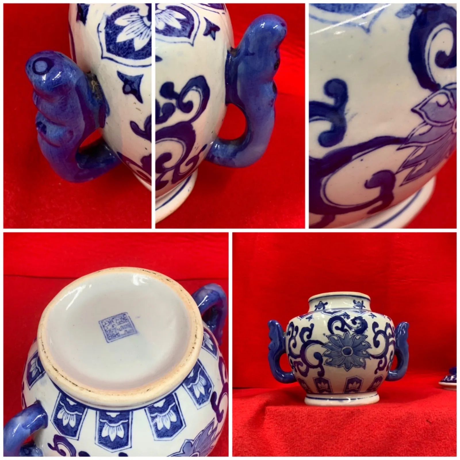 70年代 景徳鎮青陶器 蓋付き 白滋の壺 青花 乾隆年製型 茶壷 茶器 