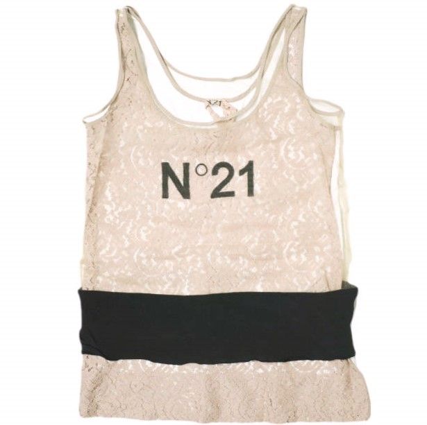 N°21 ヌメロヴェントゥーノ イタリア製 チュール＆レースレイヤード ロゴタンクトップ 15S-F021-4152 36 Beige ノースリーブ Tシャツ N°21 ヌメロヴェントゥーノ イタリア製 チュール&レース