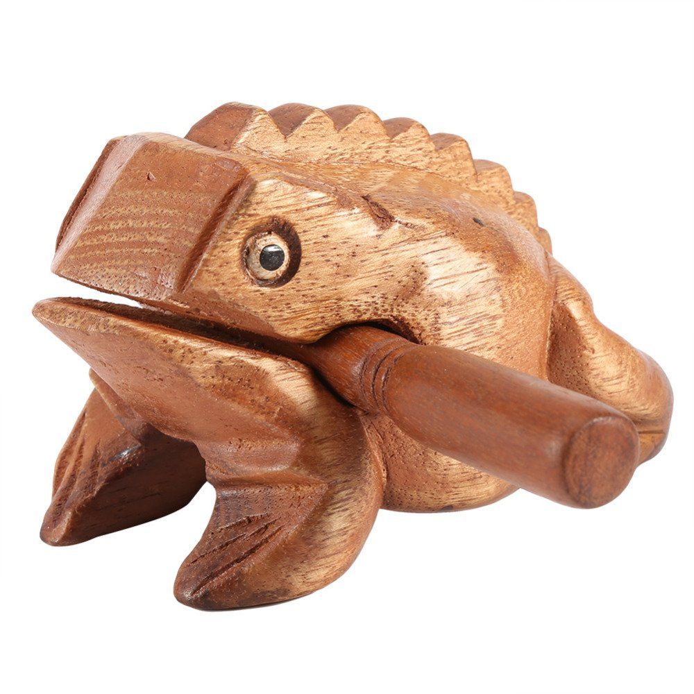 Kingsie, a frog, wooden lucky charm, a guitar, percussion instrument that makes a sound, frog tie