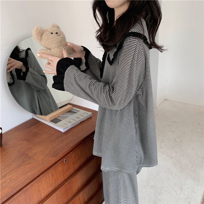 ルームウェア レディース 春 秋 おしゃれ かわいい 黒 長袖 トップス ルームパンツ 上下セット セットアップ 2点セット ゆったり 部屋着 パジャマ プルオーバー リラックスウェア 薄手 千鳥