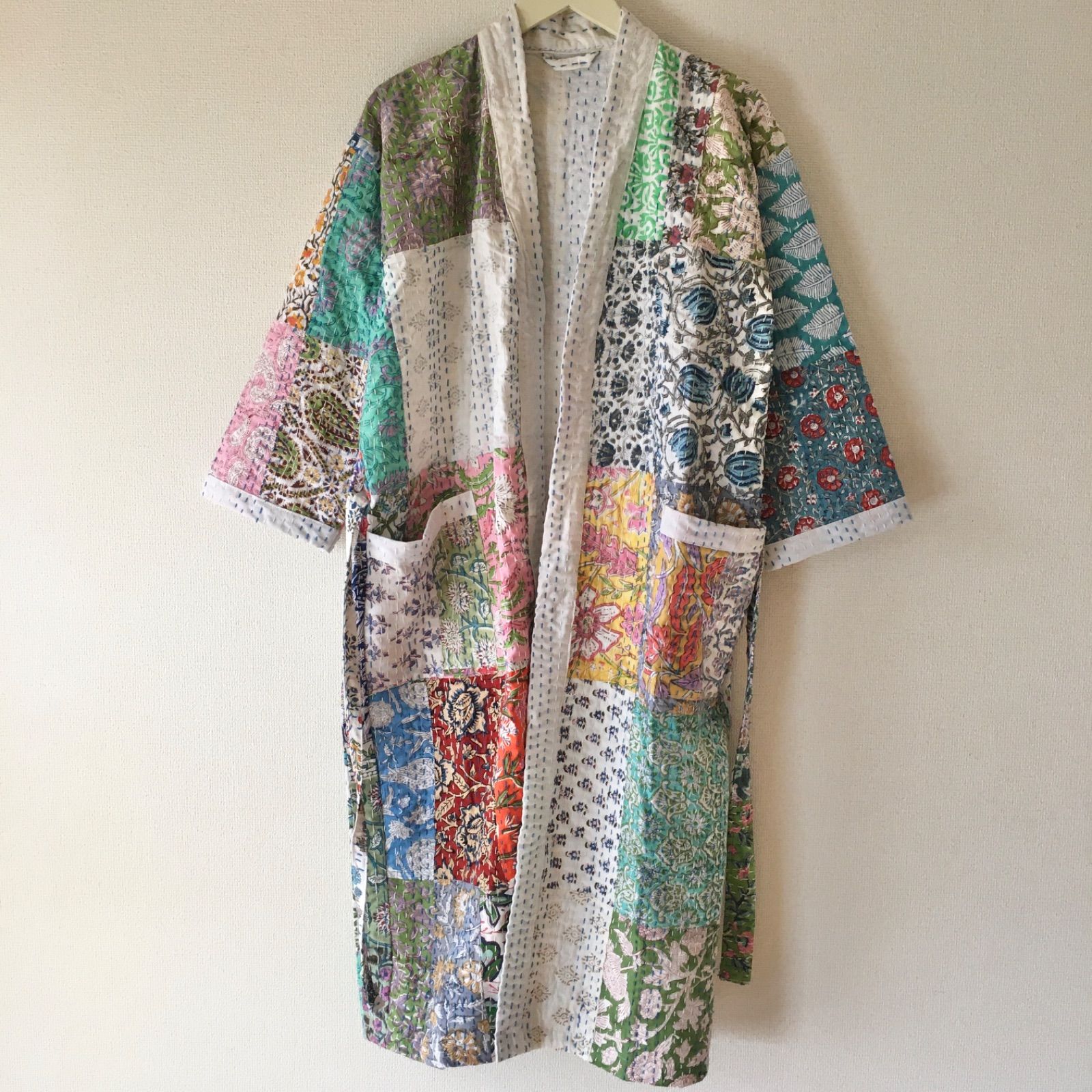 s1 ブロックプリント パッチワークカンタキルト ロングコート