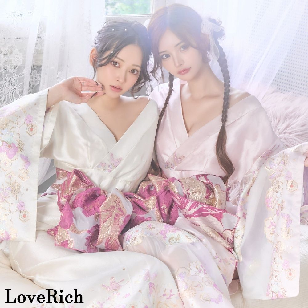 LoveRich ラブリッチ ライン 2 2点セット 花柄 刺繍 スリット 透け ロング 花魁 着物 ドレス コスプレ イベント ハロウィン キャバドレス 1351