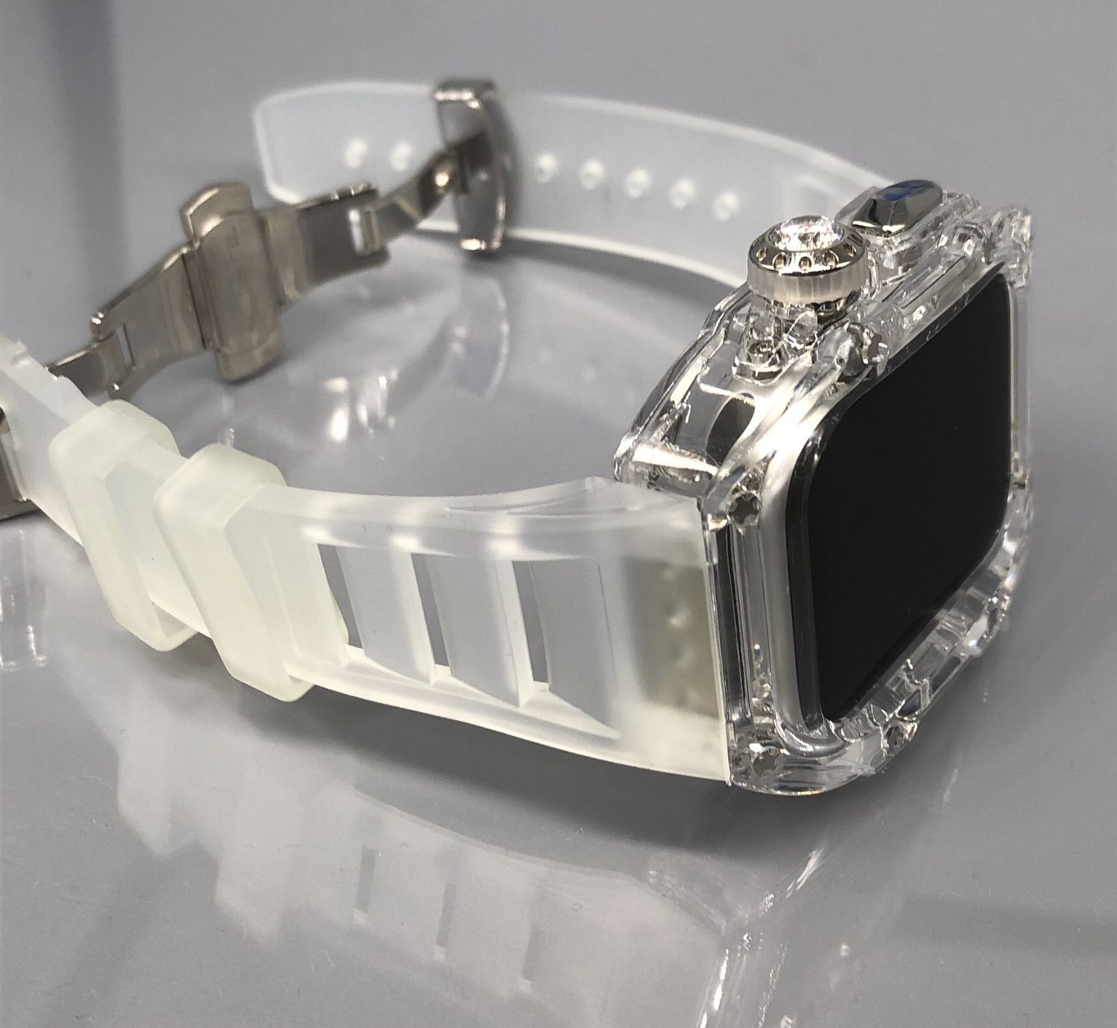 GimelZayin zc シルバー クリア★アップルウォッチ ラバーベルト カバー クリア ケース 44mm 45mm 4 5 6 7 8 9 se スポーツ メンズ レディース Apple Watch バンド