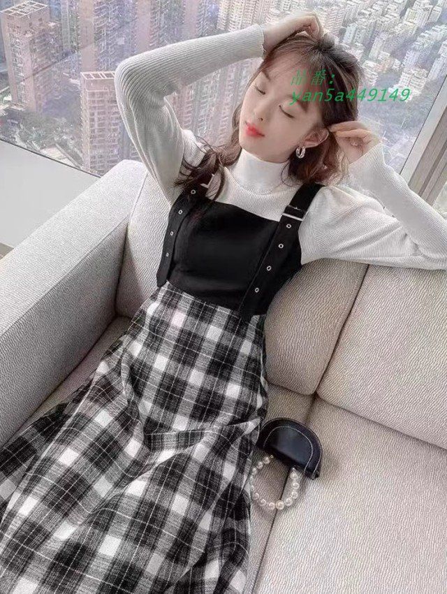 チェック ジャンパースカート 秋冬 切り替えワンピース Aライン ワンピース ファッション 韓国 レディース ミモレ丈 ウエスト 大きいサイズ yan 5 a 449149