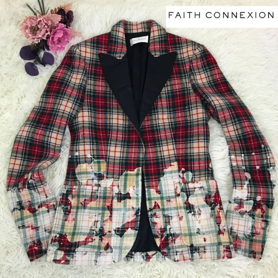 【希少】FAITH CONNEXION フェイスコネクション ジャケット タータンチェック 赤×白 ブリーチ加工 ウール100％ サイズ表記36（Sサイズ相当） フランス製