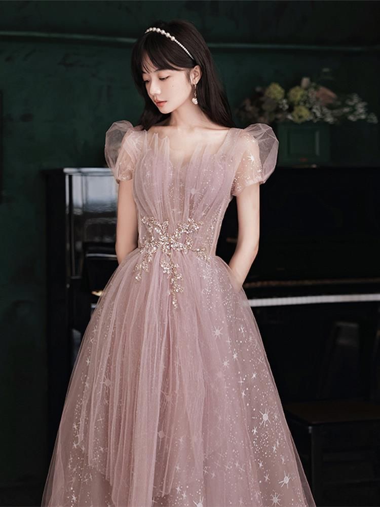 ロングドレス レディース 春 高腰 Aライン 三分袖 ピンク 結婚式 司会用 名媛風 晩餐会用 XS～3XL対応LYX今週注目