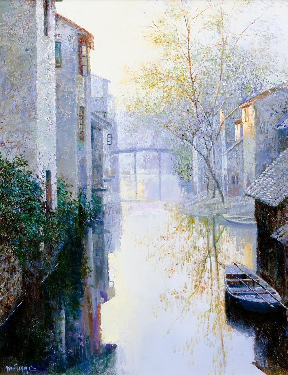 真作】【WISH】戎鳴岐「夜明け」油彩 6号 町風景 〇中国画家