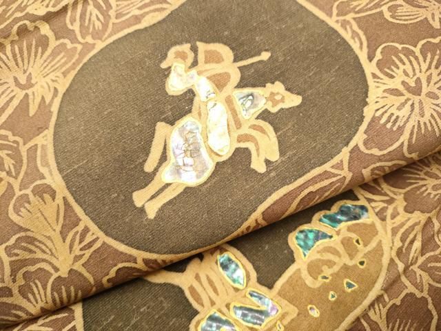 平和屋着物●石川県指定無形文化財　牛首紬　白山工房　手織り　全通柄袋帯　螺鈿　狩猟花鳥文　金彩　正絹　逸品　CAAU9547hy 平和屋着物○石川県指定無形文化財 牛首紬 白山工房 手織り 全通柄袋帯