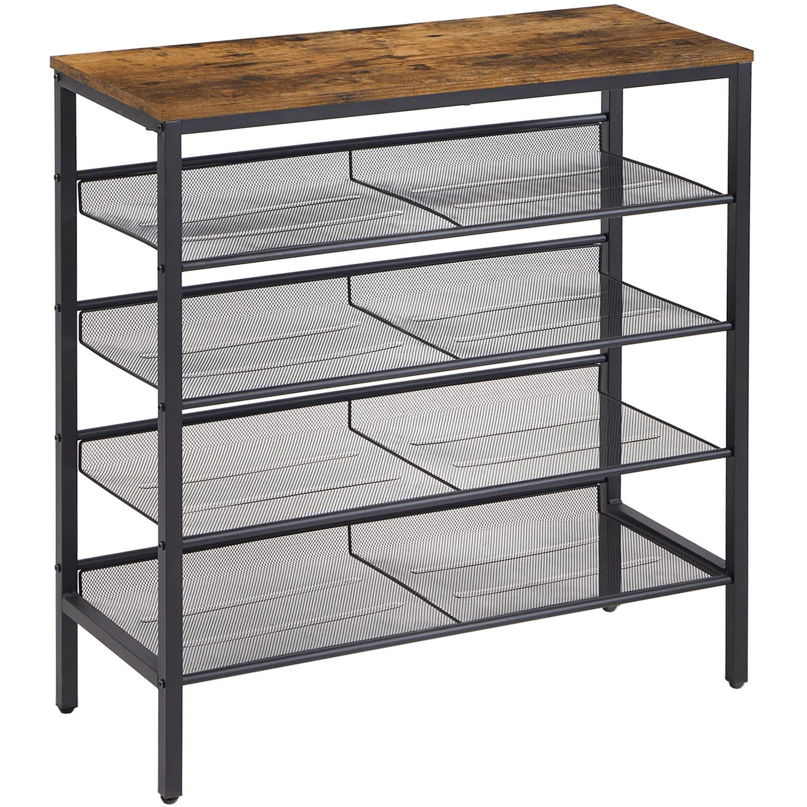 シューズラック YMYNY 5段 メッシュ棚調整 靴棚 下駄箱 省スペース オープンラック 16足用 大容量 通気 木製天板 サイドテーブル 靴収納 靴置き 靴箱 玄関テーブル W75.5×D30×H87cm 茶色 JPHTMJ083H