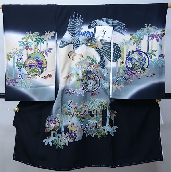 お宮参り 産着 のしめ 男児 男の子 正絹 羽二重 豪華絢爛 黒地 鷹 祝着 一つ身 掛け着 熨斗目 NO42697