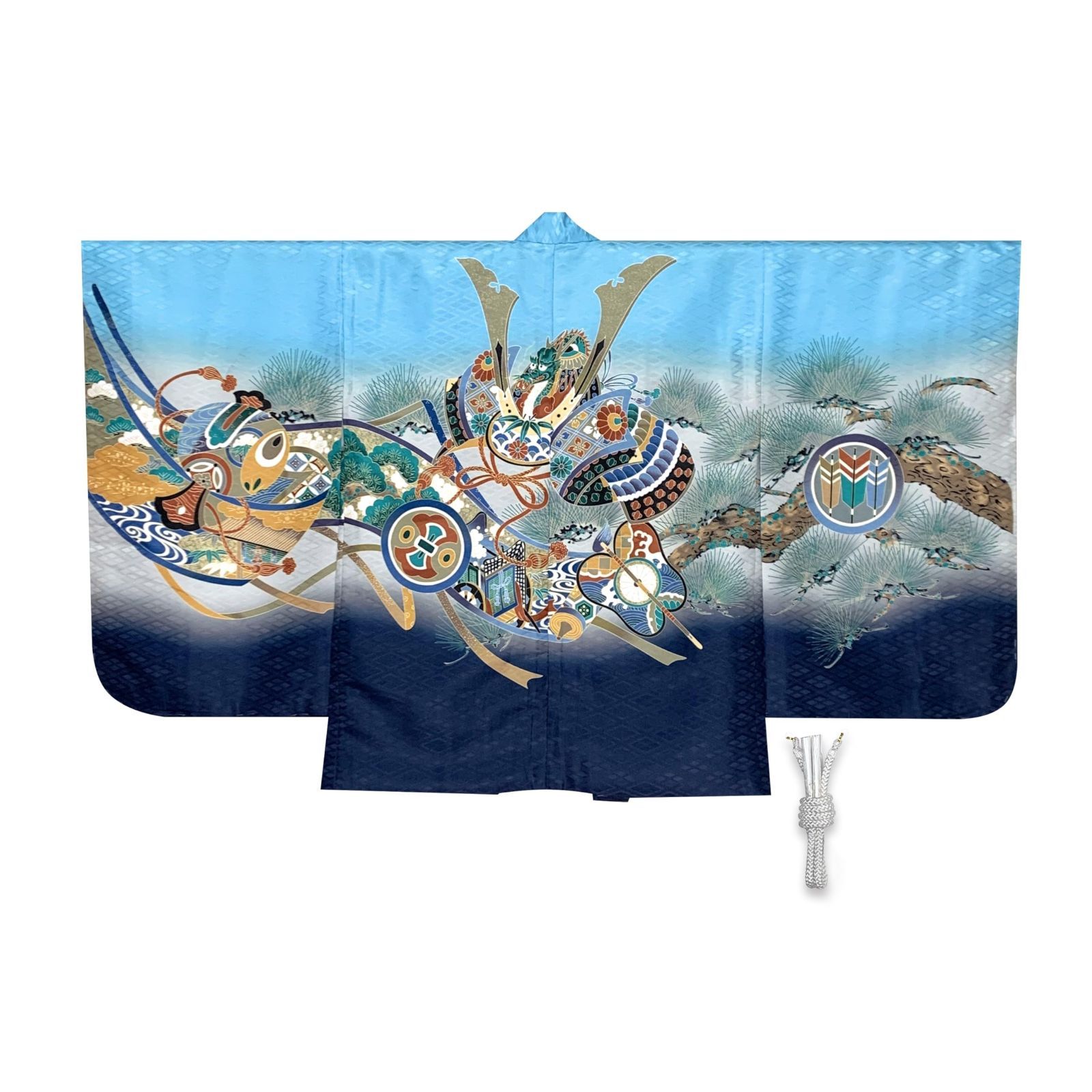 京都室町st． 七五三 羽織 5歳 男の子 羽織紐付き 753 羽織り 単品 着物用 お正月 節句などに 合繊 水色 兜に軍配 御所車 NGTho03-Z