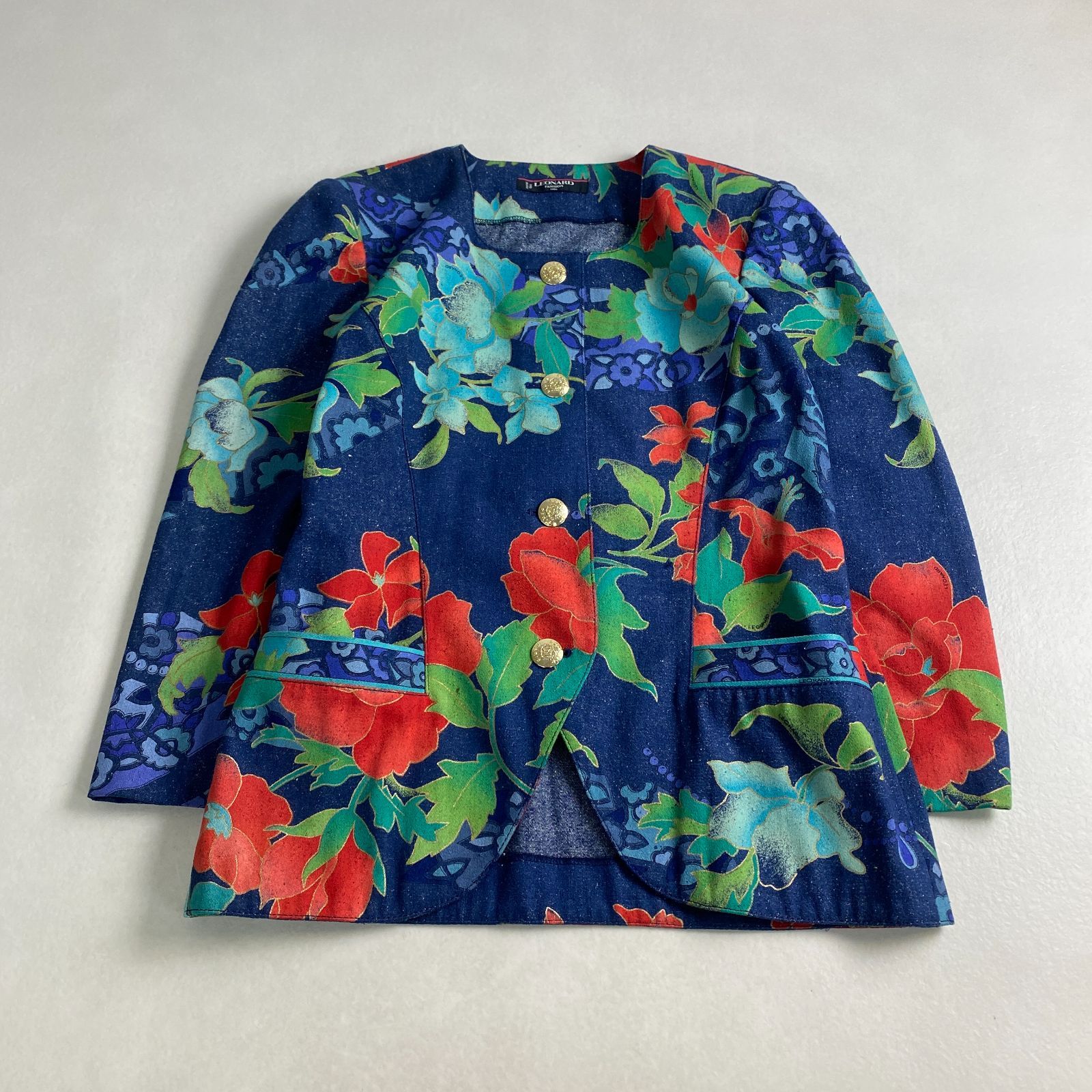 LEONARD ノーカラージャケット デニム 花柄 金ボタン XL レオナール シルク 13号