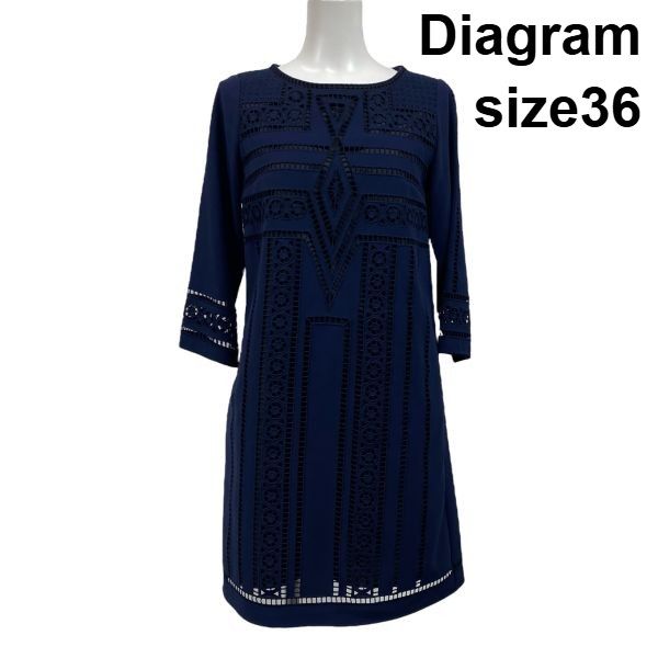 ◆ ダイアグラム Diagram キカ カットワーク刺繍ワンピース 膝丈 長袖 Iライン ネイビー 36 S 7号 レディース S5V577