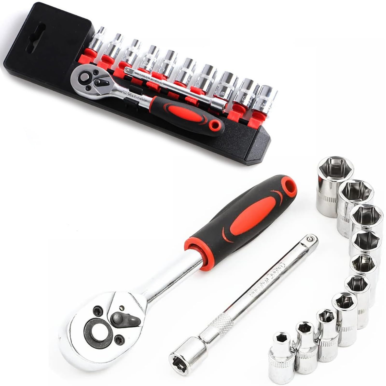 LSLANSOON 12点 ソケットレンチセット(6角・ホルダー付き) 差込角6.35mm(1/4＂) ソケットレンチ ラチェットレンチ ラチェットセット ハンドル 車両整備 修理 自動車 バイク工具 (12)