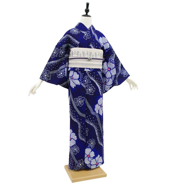 未使用近い　美品　高級浴衣　有松鳴海絞り　藍染　手縫い　身丈155 裄66 tall ＊市松と向日葵＊有松鳴海絞り浴衣 市松 七宝 花 ブルー