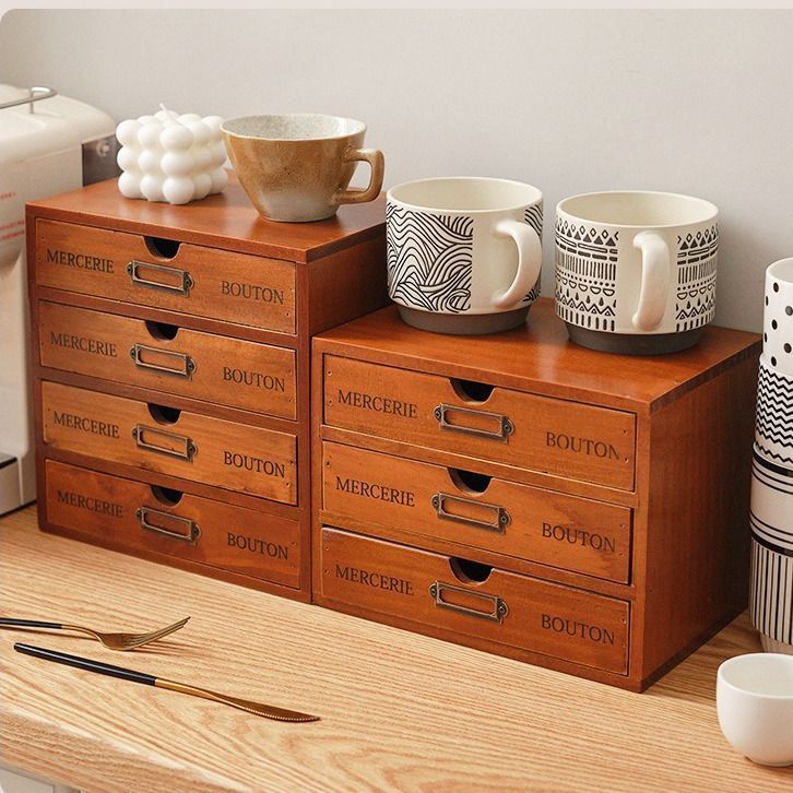 ヴィンテージ小物棚 木製 こげ茶色 アンティーク調 4段 小物置き 卓上