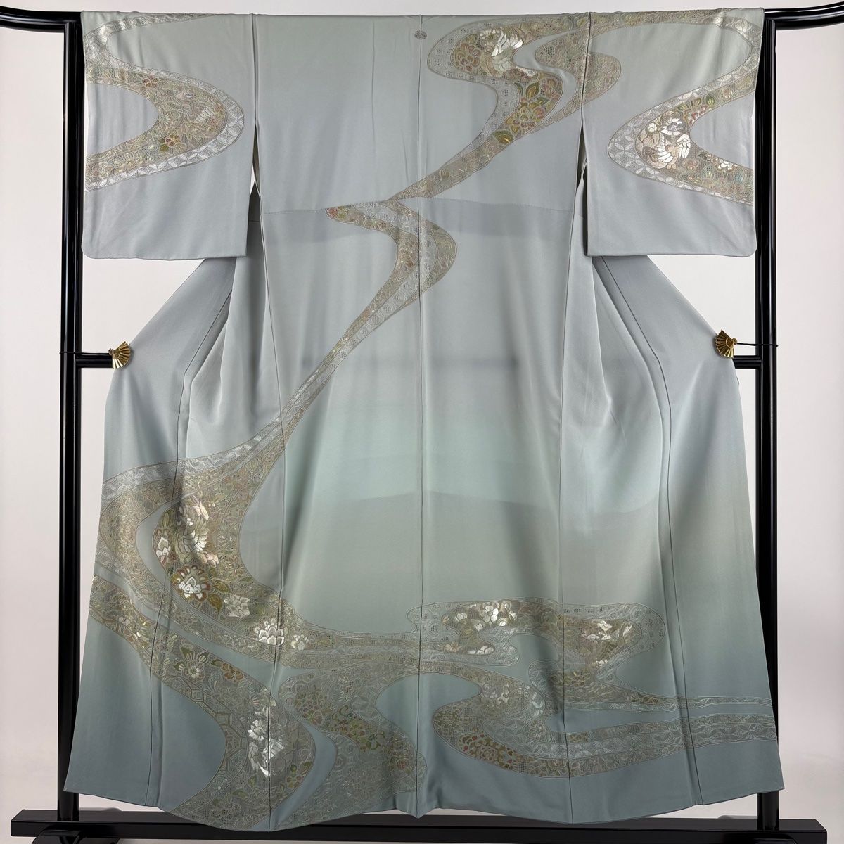 訪問着 身丈153.5cm 裄丈64cm M 袷 鳥 草花 刺繍 ぼかし 灰緑 正絹 一つ紋