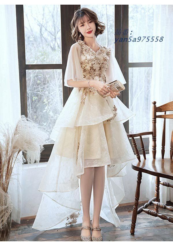 フィッシュテール ドレス ピアノ 発表会 ショート丈 ひざ丈ドレス パーティードレス ファスナー 豪華レース刺繍 フ スリーブ 半袖あり Vネック yan5a975558