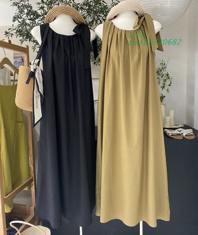肩紐リボン ワンピース ロング ノースリーブ ワンピース 黒 ショルダーリボン カジュアル ゆったり ワンピース 夏 体型カバー 春 レディース ワンピース pai5a720682