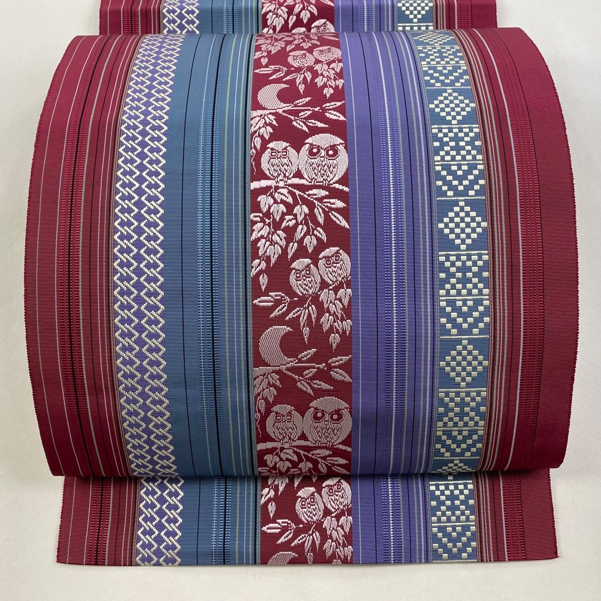 名古屋帯 証紙 博多織 八寸名古屋帯 松葉仕立て やまと ふくろう 間道 えんじ色 正絹