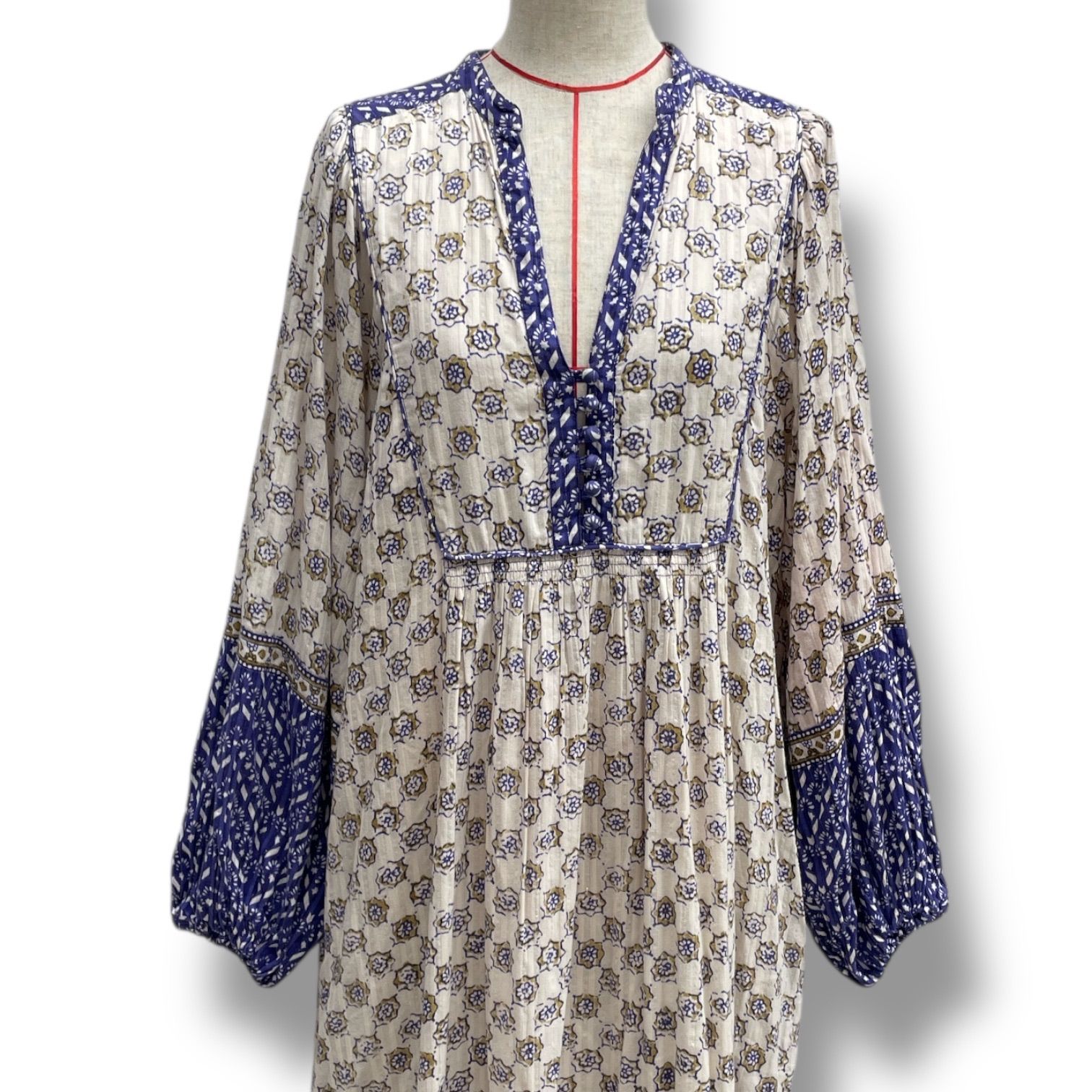 Sara mallika サラマリカ COTTON KIKA ETHNIC PRINT DRESS コットンキカエスニックプリントドレス ワンピース エスニック ギャザー ブルー クリーム 青 サイズM レディース 春 ゴーゴー古着久喜倉庫店 No.1209