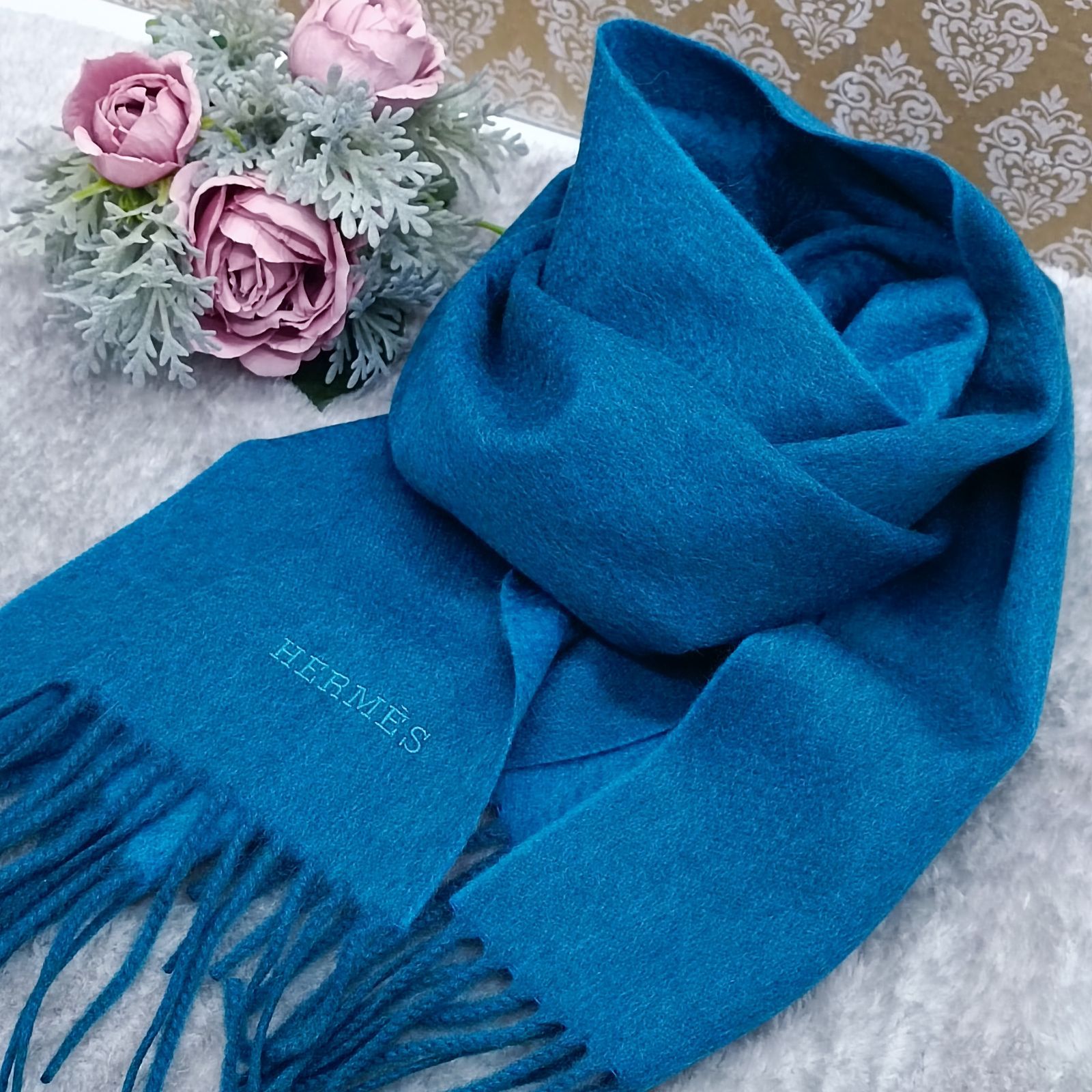 HERMÈS ネイビー ウール マフラー HERMES ネイビー カシミヤマフラー