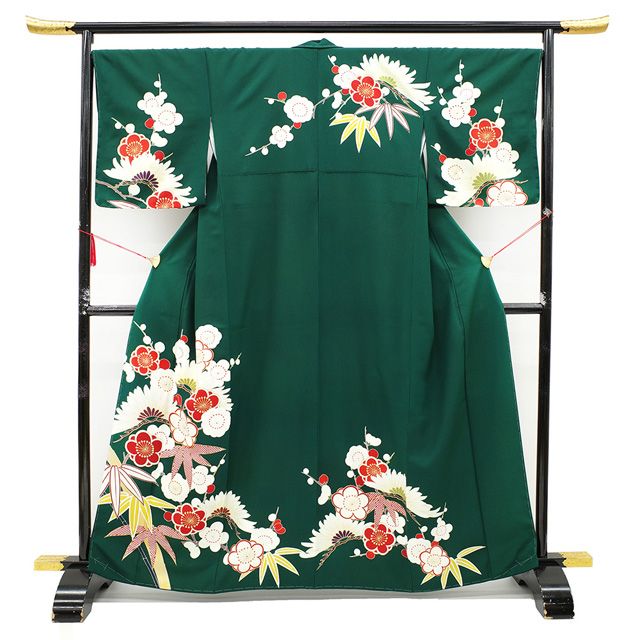 新古品】 訪問着 袷 着物 金駒刺繍 金彩加工 正絹 深緑 濃緑 緑 松 竹