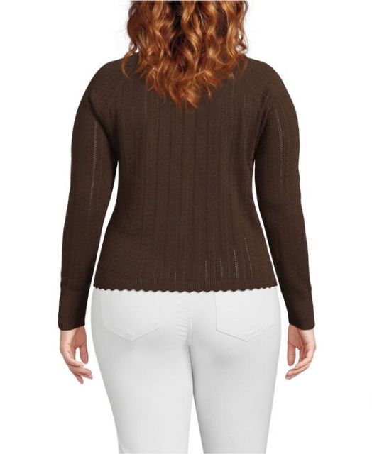 ランズエンド レディース ニット セーター アウター Plus Size Cotton Pointelle Satin Trim Cardigan Sweater Rich coffee