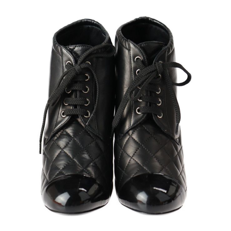 CHANEL シャネル ブーツ G28710 レザー ブラック ココマーク ショートブーツ マトラッセ キルティング チャンキーヒール  参考サイズ約23.5cm 【本物保証】