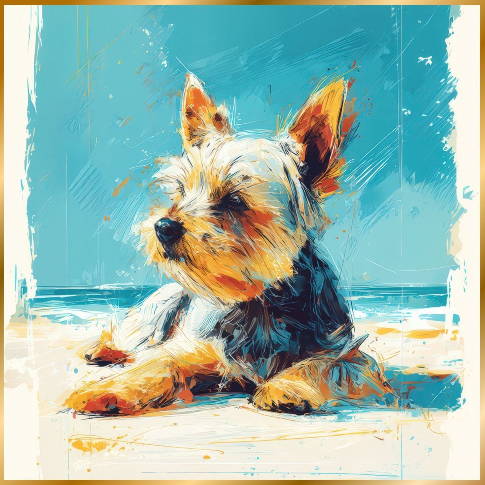 ヨークシャーテリア|ヨーキー犬とビーチのスケッチ No.1 海 犬の絵 犬のイラスト おしゃれ ミニマリスト ミニマリズム シンプル インテリアアート ペットロス うちの子 記念日 アートポスター ギフト プレゼント