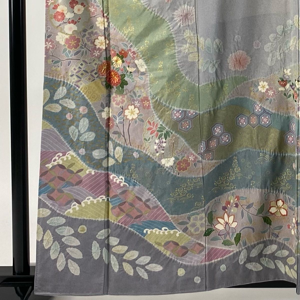 訪問着 身丈161.5cm 裄丈64cm M 袷 バチ衿 雪輪 草花 銀通し 金彩 灰緑 正絹 秀品
