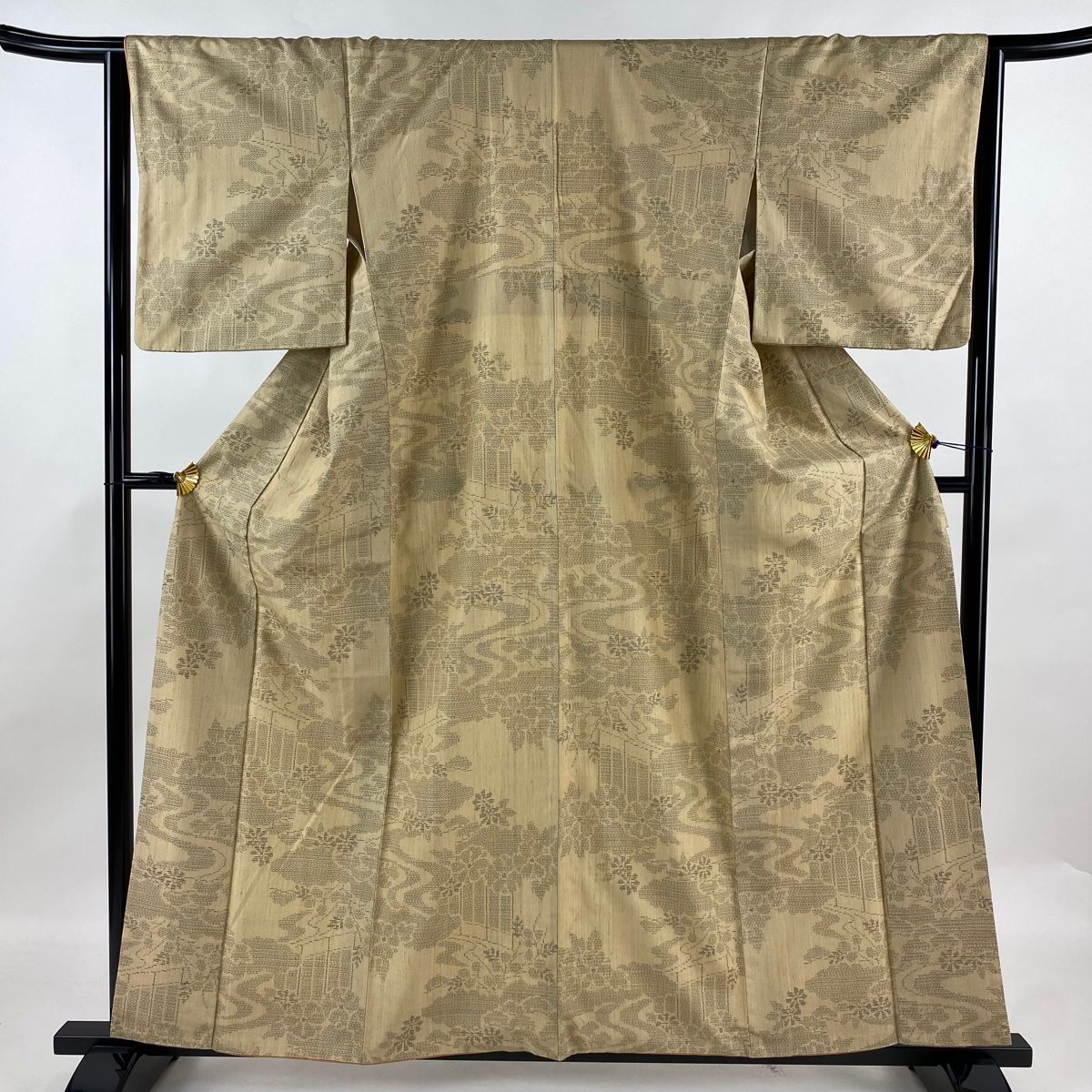 紬 身丈159cm 裄丈63.5cm S 袷 流水 草花 薄茶色 正絹 名品