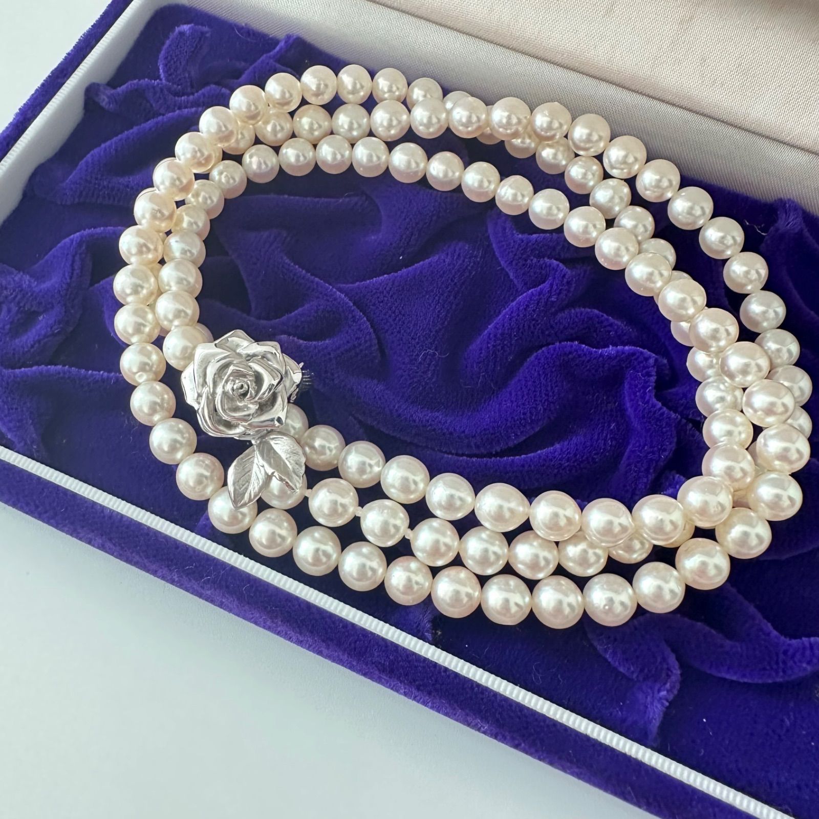 本真珠 あこや真珠 7mm シルバー刻印 薔薇モチーフ ロング ネックレス