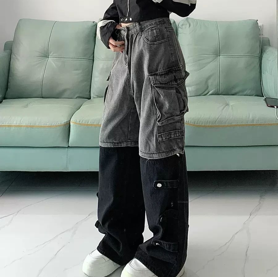 Namacheko デニムパンツ バイカラー 切替 ワイド モード系 Namacheko デニムパンツ バイカラー 切替 ワイド モード系 パンツ