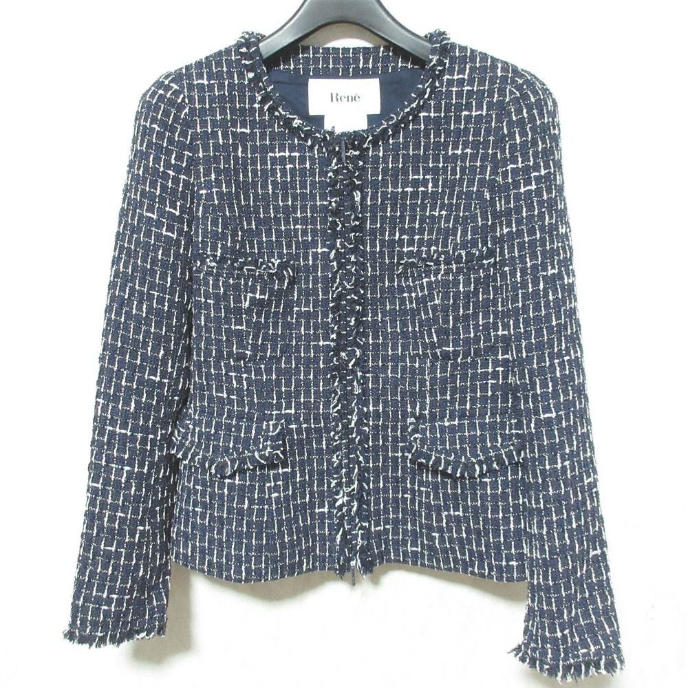 人気のファッションブランド！ 美品 Rene ルネ ジップアップ ノーカラーツイードジャケット ジャケット・アウター