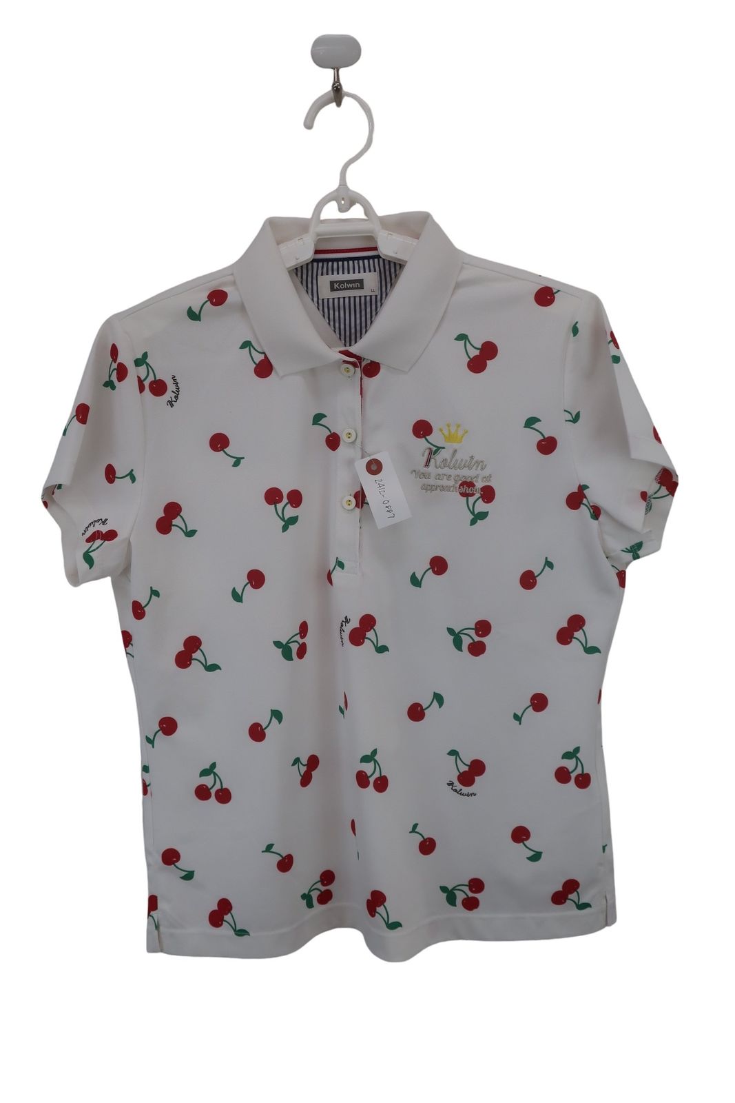 【美品】Kolwin(コルウィン) ポロシャツ 白さくらんぼ柄 レディース LL ゴルフ用品 2412-0887 中古