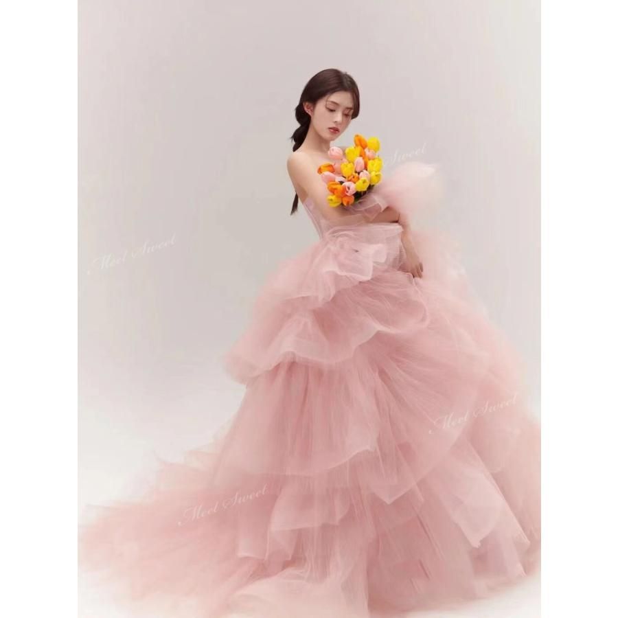 今だけ値下げ‼︎ベアトップチュールウェディングドレス結婚式前撮り ピンク フリル カラードレス プリンセス ピンク ライトブルー ベアトップ